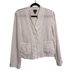 Eileen Fisher Medium White Irish Linen Blazer Jacket Lagenlook Pockets Beach